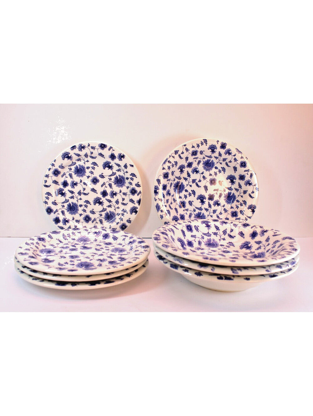 Vtg Pier 1 Quadrifoglio Blue Chintz Floral 8" Plates and Bowls Set/4 Lot/8 Italy